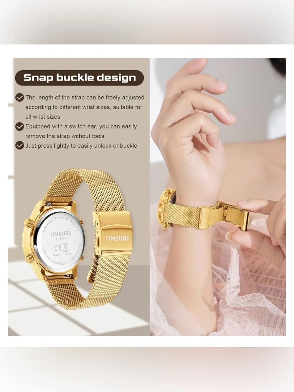 TIMEURE Digital Pedometer Watch Gold Mesh Band. Waterproof Step Counter Fitness